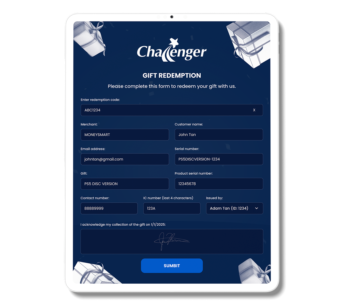 Digital gift redemption form shown on a tablet